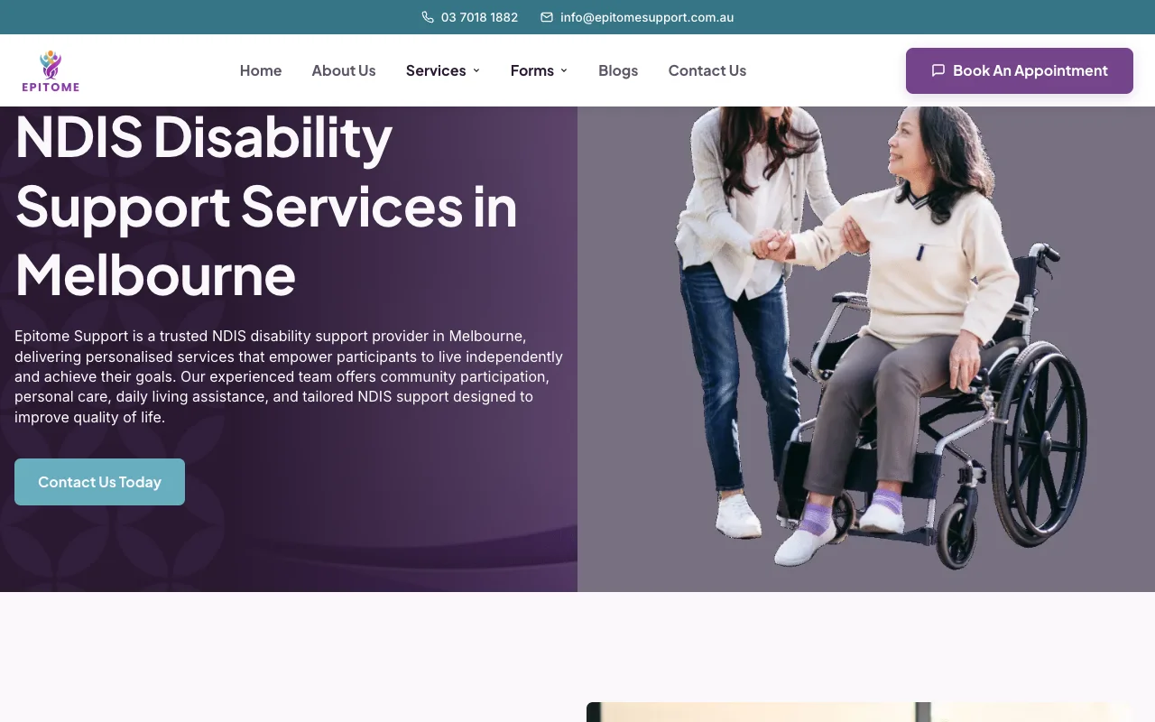 Epitome Support Services live website interface and hero banner