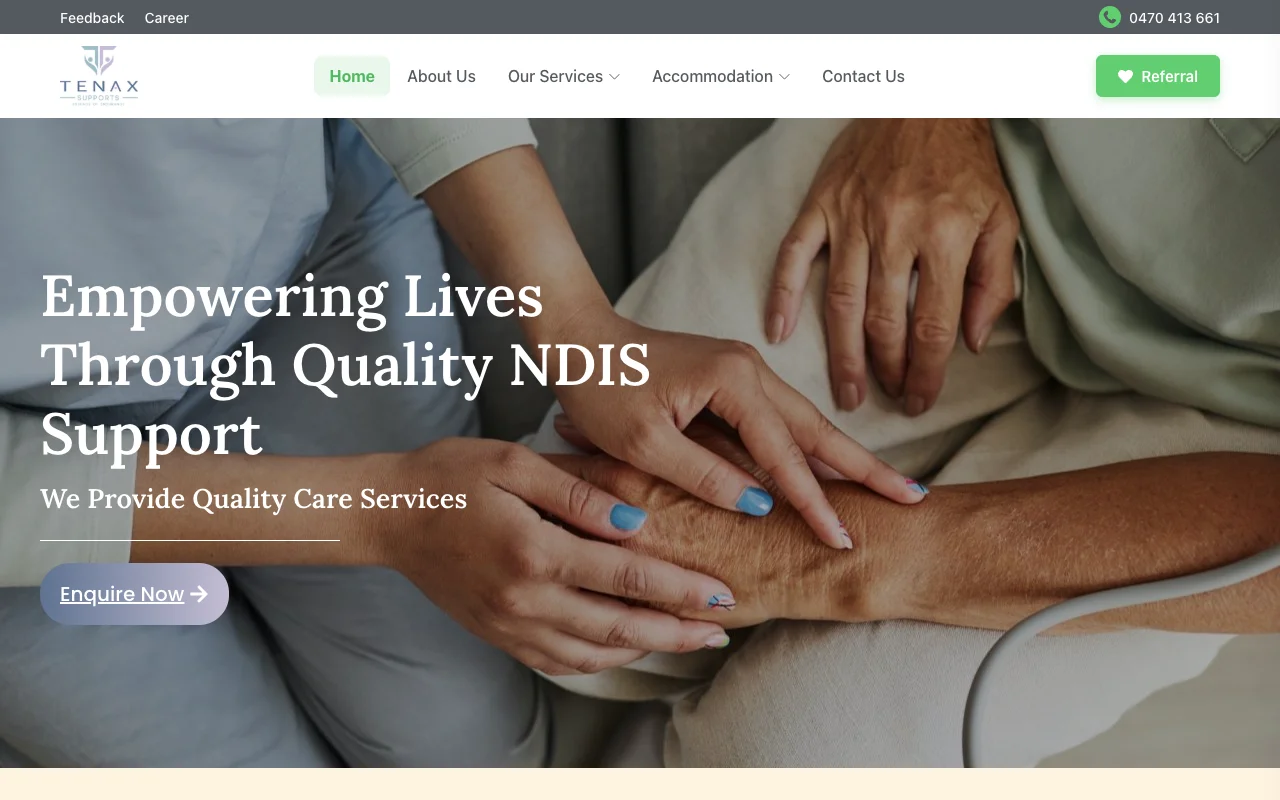 Tenax Supports live website interface and hero banner